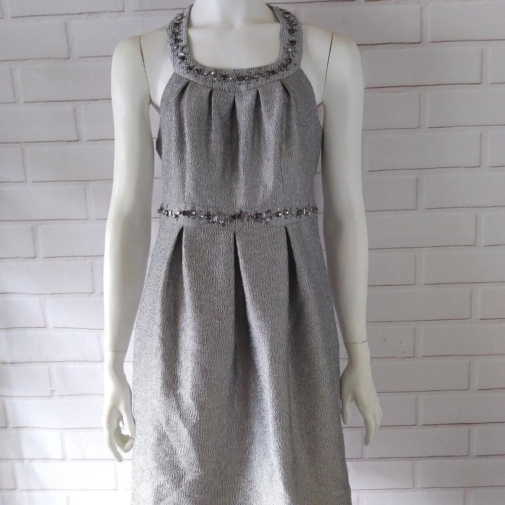 Laundry By Shelli Segal Silver Beaded Halter Cocktail Dress